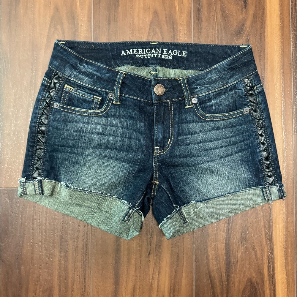 American Eagle Denim Leather Detail Shorts